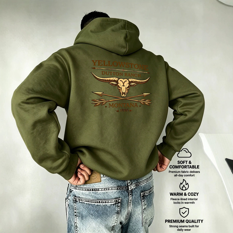 Yellowstone Dutton Ranch Western Cow Head Vintage Print Men's Hooded Sweatshirt Yellowstone Dutton Ranch Western Cow Head Vintage Print Men's Hooded Sweatshirt