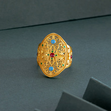 宫廷珐琅花丝戒指女夸张大个性食指戒黄金镶嵌红宝石指环开口首饰