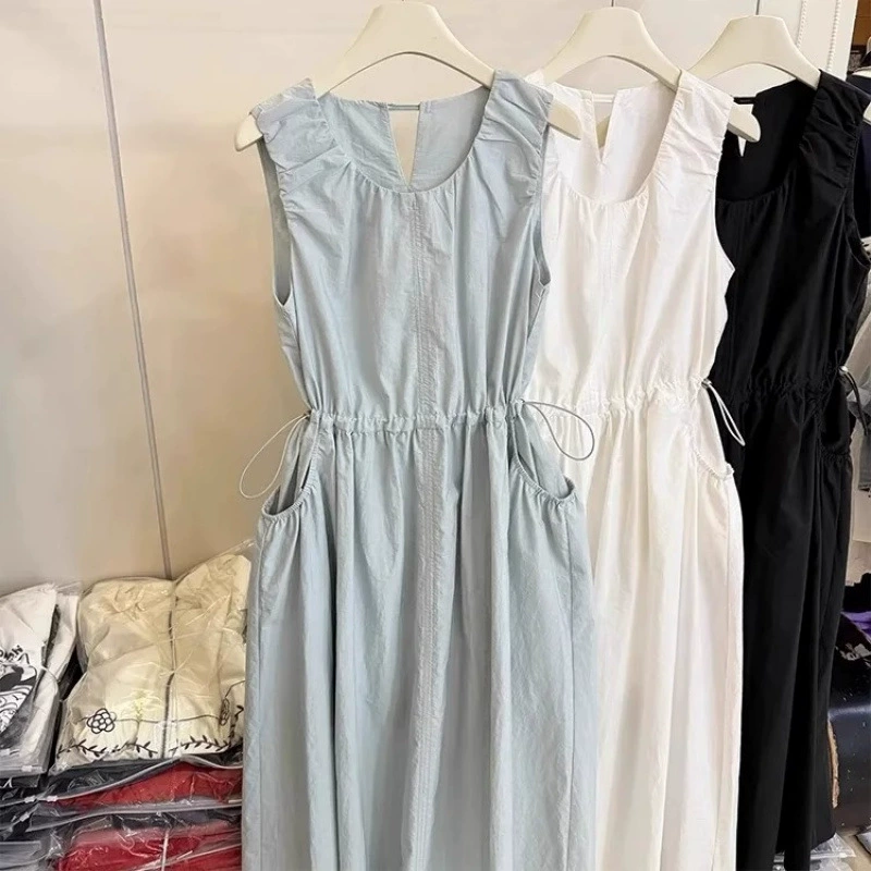 2025 новое платье летнее в корейском стиле с завязками на талии, круглым вырезом, облегающее, без рукавов, жилет, длинная юбка