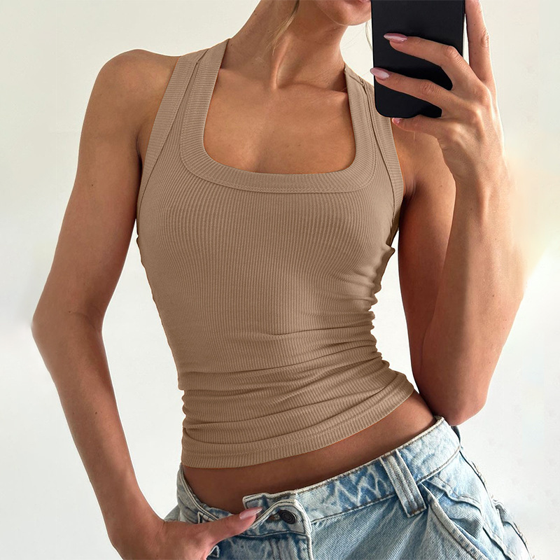 Women's Wear European and American Fashion New Summer Style Spicy Girl U-Neck Solid Color Slim Fit Crop Top Tank Top for Women