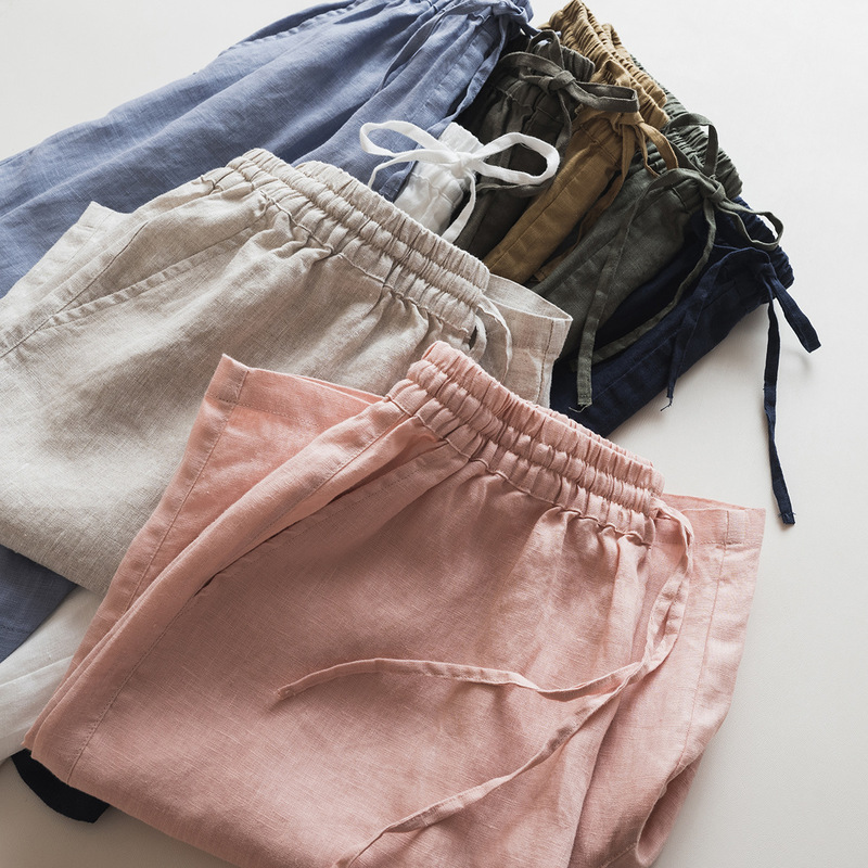 Stable Supply Old Money Linen Wide-Leg Shorts Commuting Artistic Elastic Waist Knee-Length Loose Straight Pants Women 4054