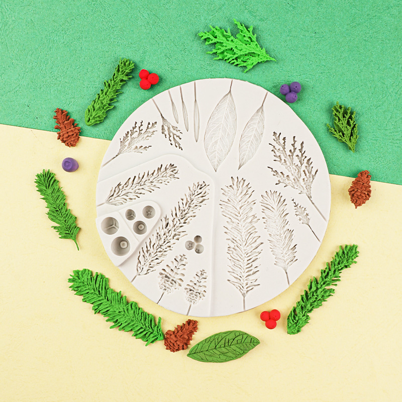 Navidad DIY hojas guirnalda cono de pino guirnalda arcilla fondant cake Edge molde chocolate decorativo Silicona