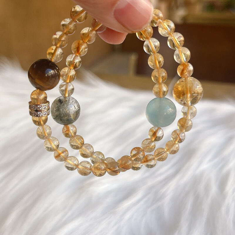 Natural Yellow Tart Crystal Double Circle Bracelet Aquamarine Crystal Bracelet Green Ghost Yellow Tiger Eye High-End Crystal Bracelet