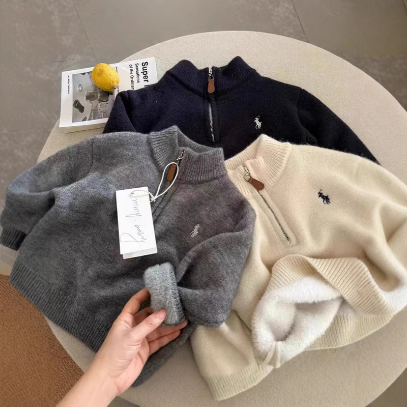 Spot Kidsren's Sweater 2025 Winter Boys and Girls Clothing Embroidered Half Turtleneck Fleece-Lined Sweater Baby Woolen Pullover