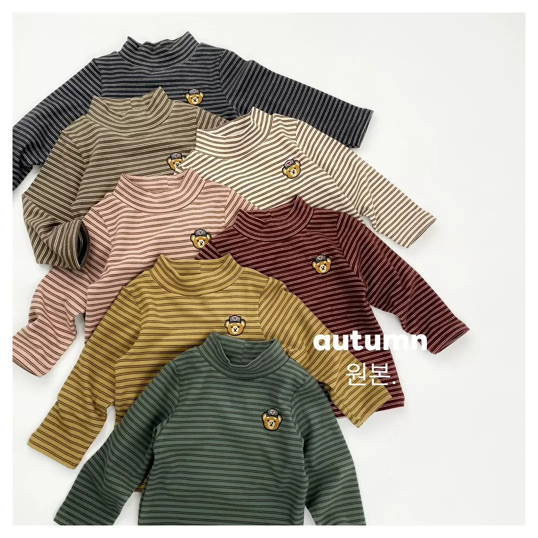 韩版儿童条纹t恤秋季新款男女童小熊刺绣高领长袖上衣宝宝打底衫