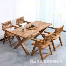 老榆木拼花餐桌家居客厅装饰做旧吃饭桌椅八仙桌实木老门板茶桌椅