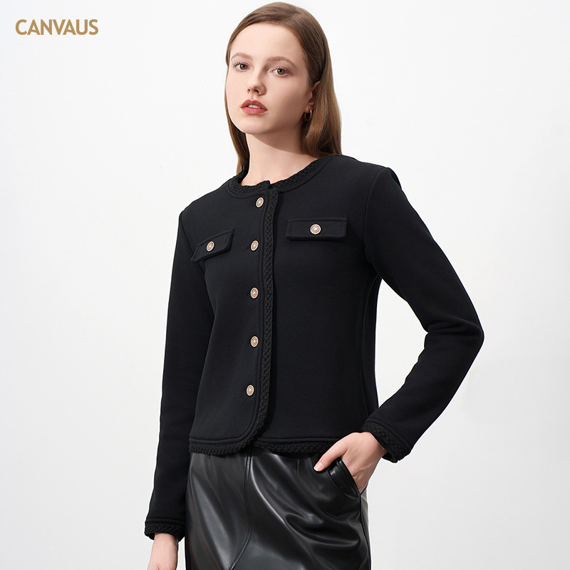 CANVAUS秋冬女装新款小香风厚款短外套女圆领气质纽扣长袖上衣
