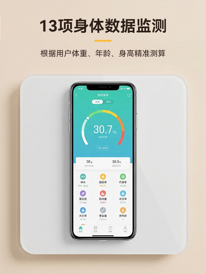 Elektronische Personenwaage, Haushaltswaage mit präziser Gewichtsmessung, intelligente Körperfettwaage, USB-aufladbar, speziell für Gewichtsmanagement-Apps, für den internationalen Handel