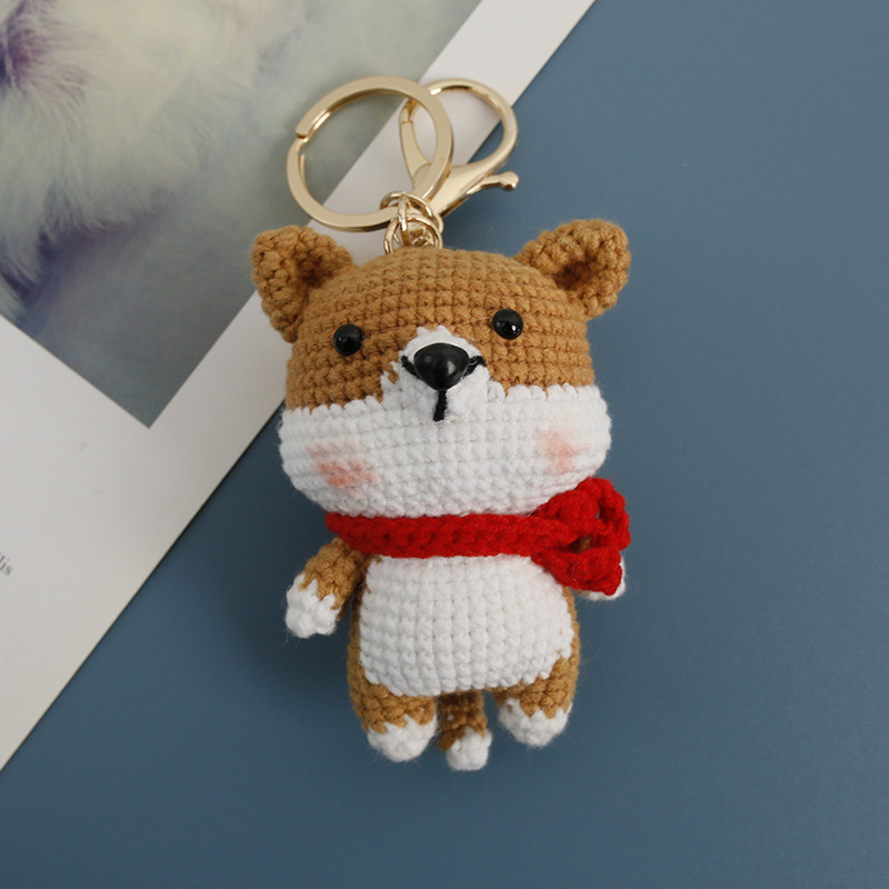 創意卡通手工編織柴犬玩偶 織女毛線鈎織秋田犬掛件 手作成品