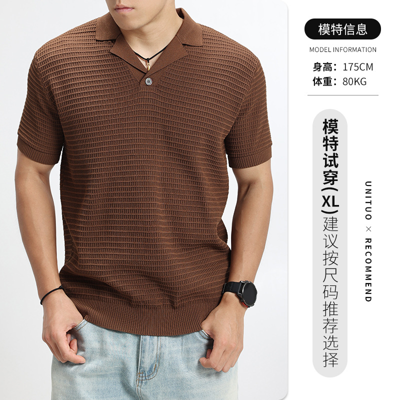 2026 nuevo viejo dinero hombre waffle polo camisa de punto hombre con solapa de manga corta de alto nivel de negocios casual hombre