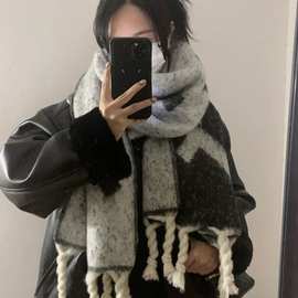 韩国新款F围巾女冬季大格子大麻花辫子加厚高级感情侣时尚潮围脖