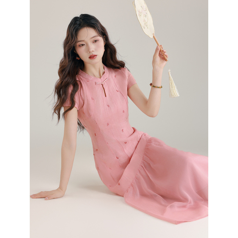 New Chinese-Style Gradient Pink Modified Cheongsam Dress for Women, 2026 Summer New Model, Waist-Cinching Slimming Long Dress New Chinese-Style Gradient Pink Modified Cheongsam Dress for Women, 2026 Summer New Model, Waist-Cinching Slimming Long Dress