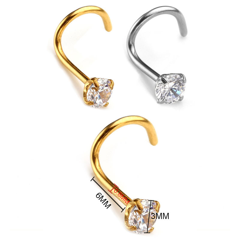 Piercing al naso a perno curvo in acciaio inossidabile 316L, rotondo, quadrato, con zircone, spessore 0,8 mm_voghion.com