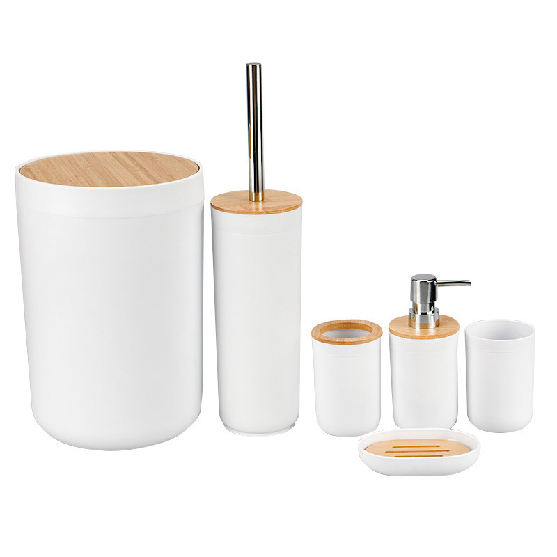 Bambú cubierta de la basura puede Almacenamiento de baño de seis piezas conjunto de color sólido lavado de almacenamiento traje de baño suministros