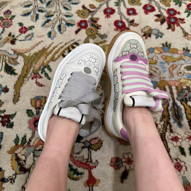 High version 2024 new G family fat ding stars rhinestone leather casual thick-soled increased bread shoes board shoes for women