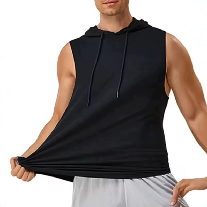 Cross-Border Men's Clothing Summer Cool Breathable Hooded Quick-Dry Outdoor Sports Vest Sleeveless Solid Color Versatile Top in Stock