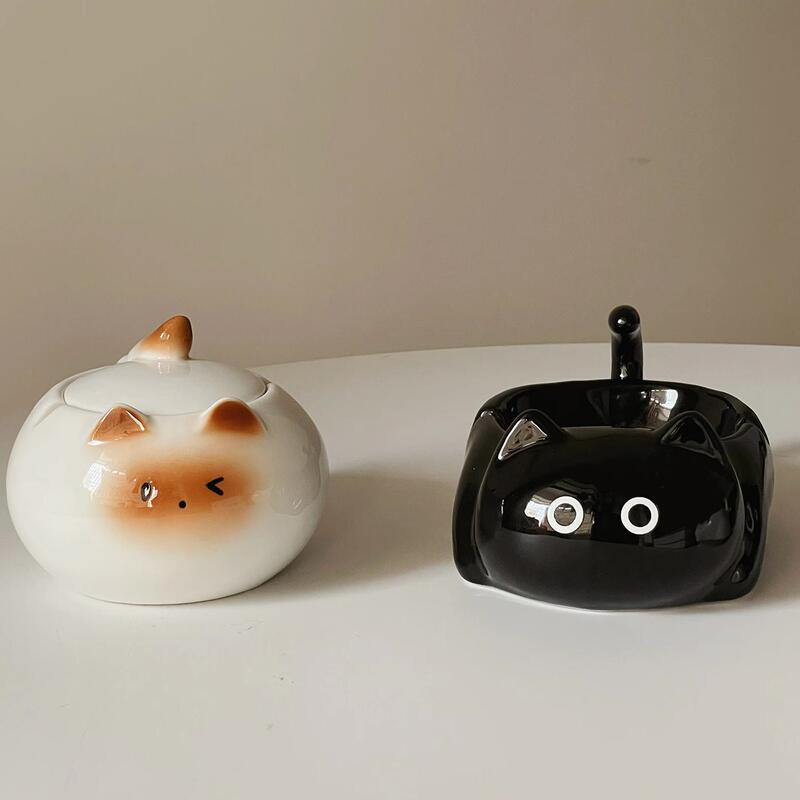 Mulanqi オリジナル シャム猫灰皿 リビングルーム オフィス デスクトップ カバー付き セラミック かわいい アート オーナメント|undefined