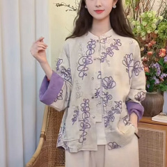 好运莲莲秋季棉麻重工刺绣国风百搭休闲开衫