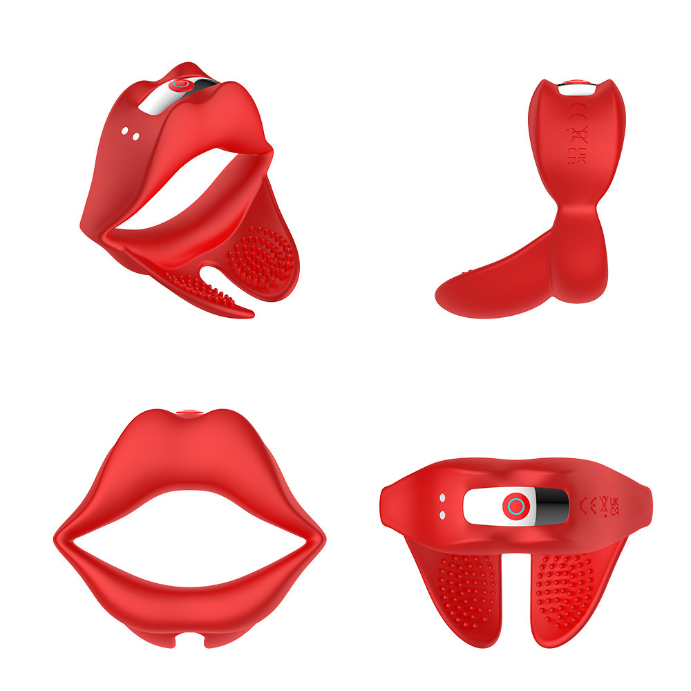 Red Lip Vibrating Lock Ring Silicone Cock Ring with Prostate and Testicle Vibration — detail image 9