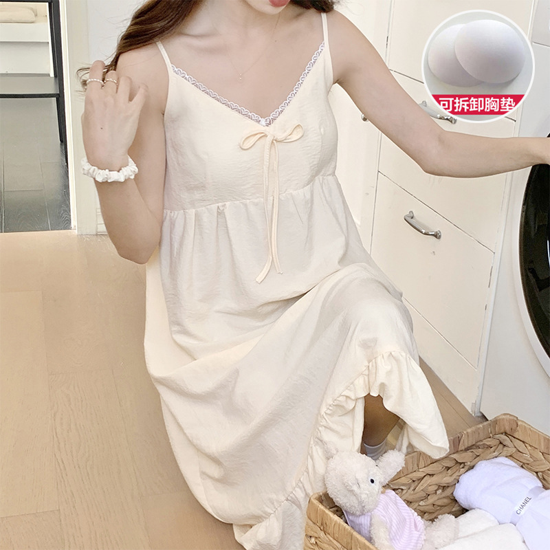 Camisón de verano con almohadilla en el pecho las mujeres tejidas algodón fresco Correa pijamas dulce encaje arco sexy vestido largo desgaste en casa