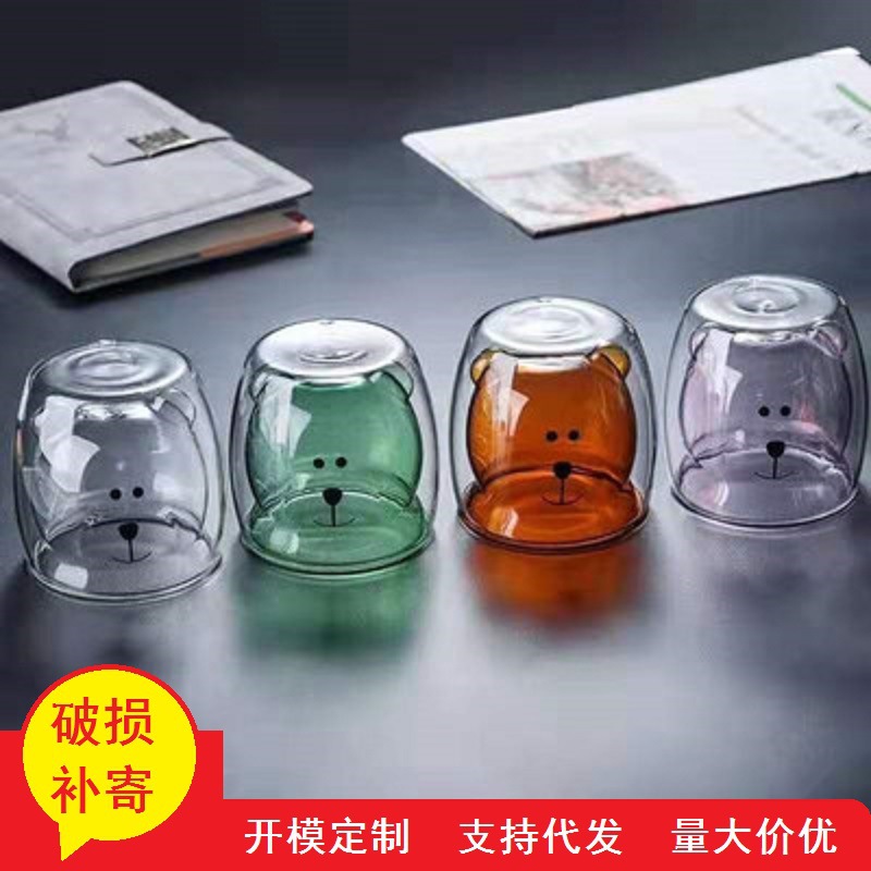 Fábrica al por mayor de vidrio transparente fondo grueso oso simple oficina de vidrio hogar multi-estilo de doble capa taza de agua