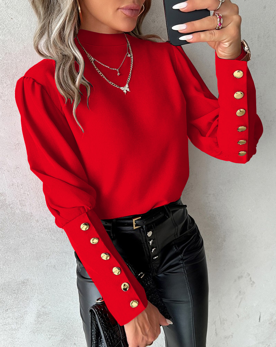 2024 estación independiente deseo Amazon popular primavera y otoño de manga larga color sólido encaje cuello redondo botón camisa para las mujeres
