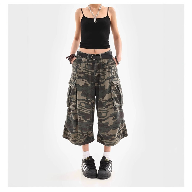 Men's Camouflage Cropped Pants over the Knee, Wide-Leg Trendy Brand Jeans, Summer Korean Style Loose Sports Casual Mid-Length Pants