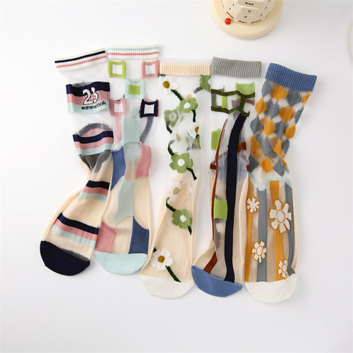 Summer socks, women's socks, cotton-soled crystal stockings, fairy-style glass card stockings, women's thin trendy socks, mid-calf socks