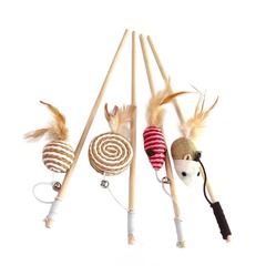 New Wood Rod Cat Wands with Feather Bells Mouse Cat Toys Interactive Cat Supplies Wholesale