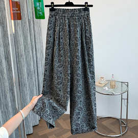 实拍夏新款设计感小众复古印花松紧高腰显瘦宽松直筒阔腿裤女