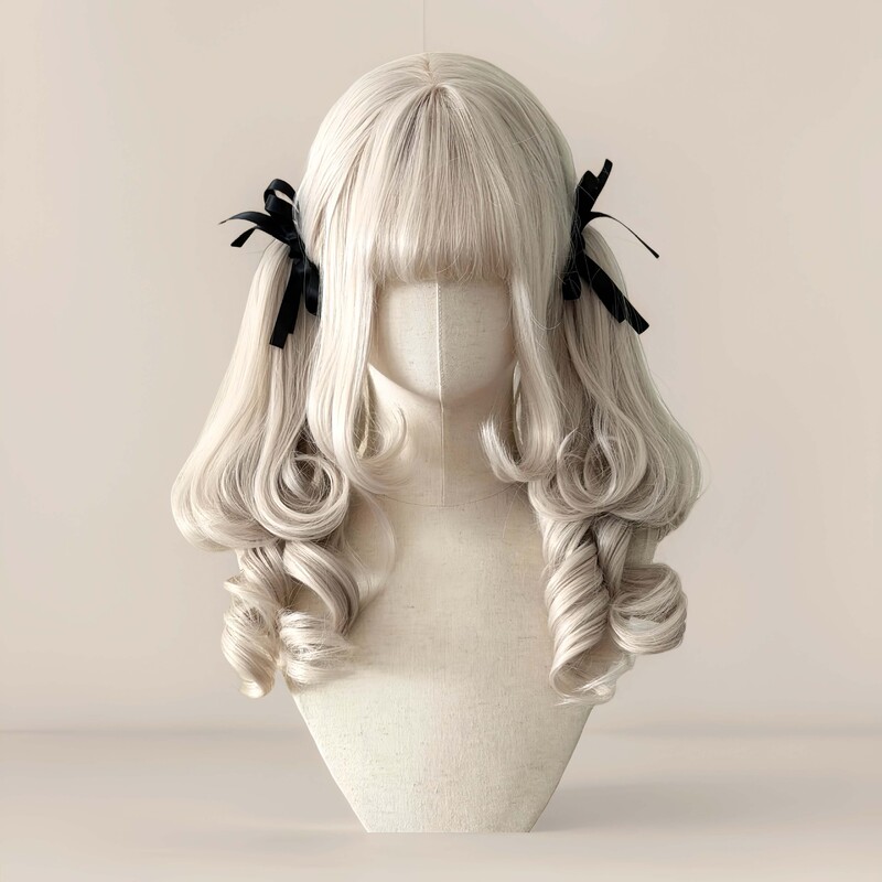 Wig Lolita Girl Full Headgear Bean Flower White Lop-Eared Rabbit Tiger Mouth Clip Double Ponytail Doll-Like Roman Curly Wig
