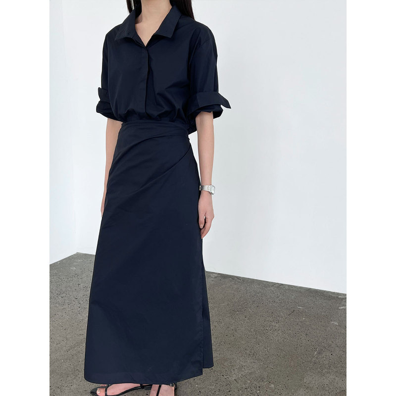 Lu Xi Korean Style Design Lace-Up V Neck Waist Dress Women's Summer New Slim Shirt Long Skirt 9731