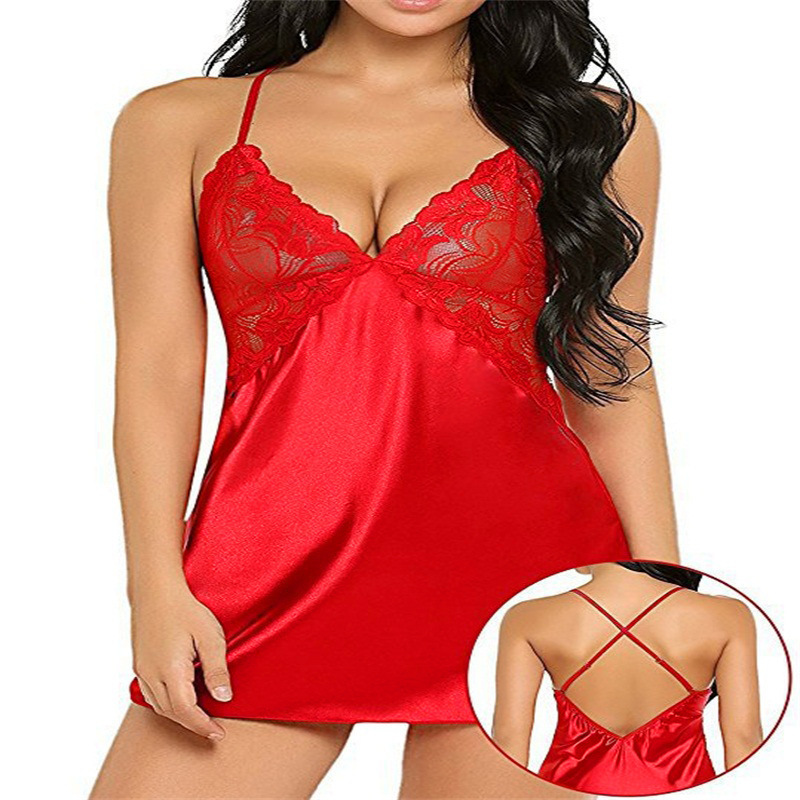 European and American foreign trade sexy lingerie, sexy imitation ice silk cross-back suspender nightdress, sexy outfit wholesale from source