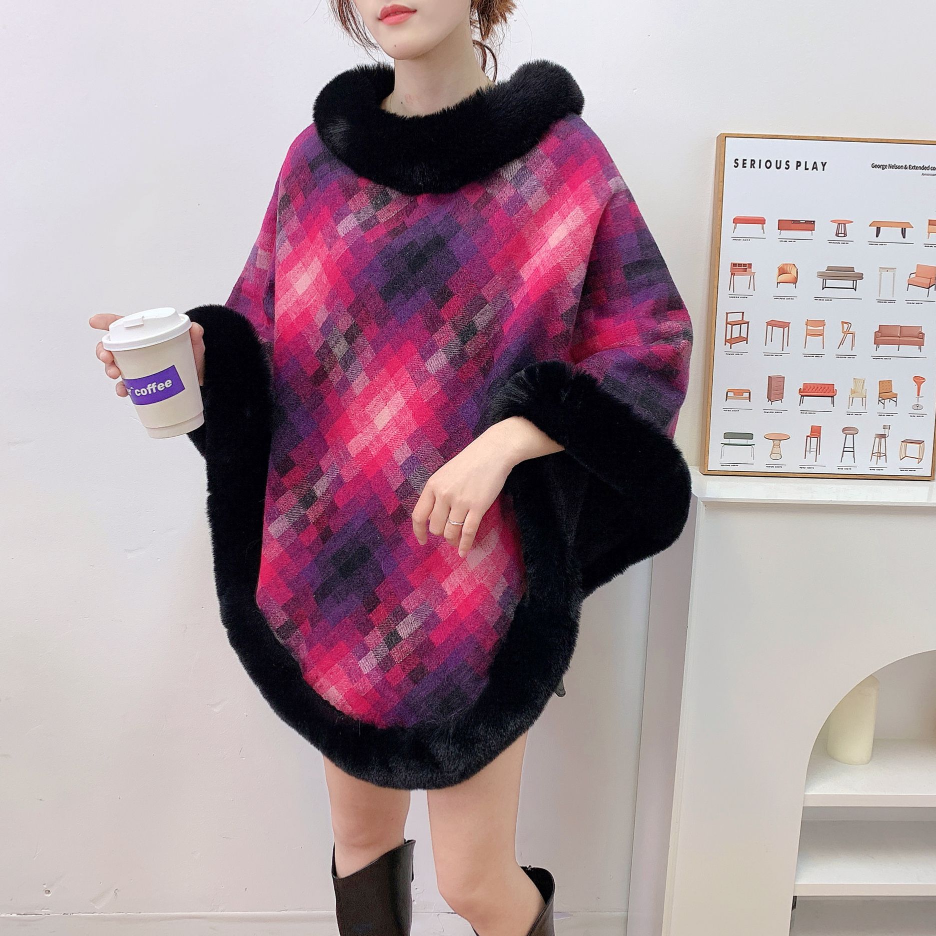 Capa tipo chal de otoño e invierno 2026, nueva bufanda de piel sintética de conejo, abrigo de punto para mujer, prenda exterior holgada y versátil. image 17