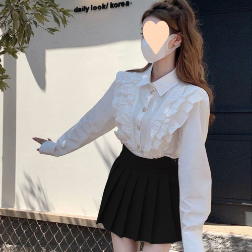 White shirt women's spring and autumn design sense niche French-style gentle ruffled long-sleeved top