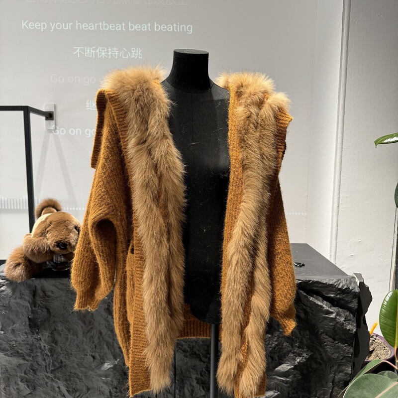 Lady's Thickeneded Imitation Fox Fur Knitted New Warm Sweater Jacket Navy Collar Slimming Look Khaki Blue