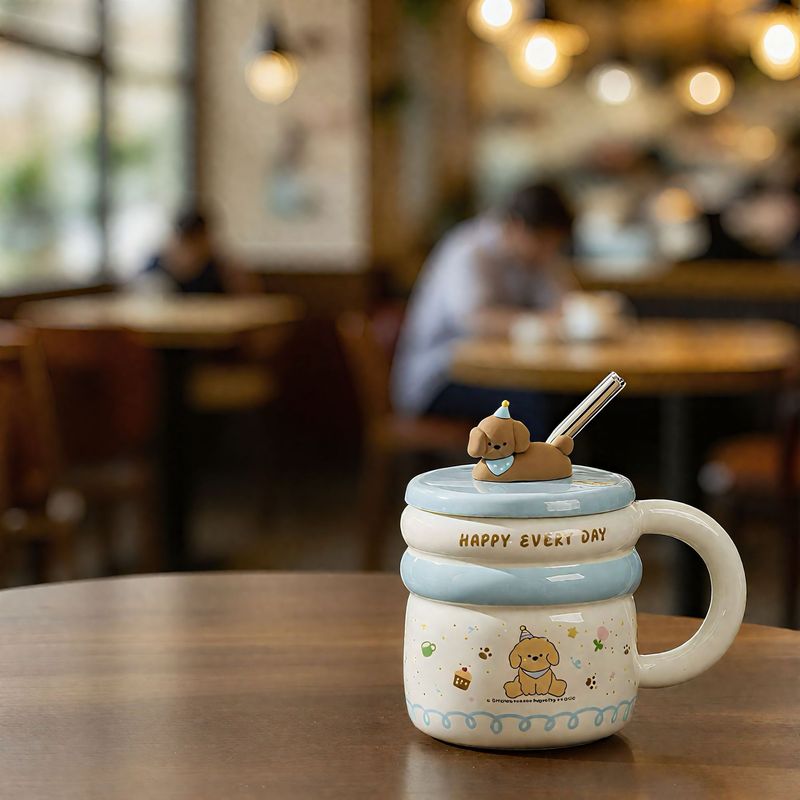 高颜值可爱陶瓷马克杯家用咖啡杯生日礼物杯子小狗吸管杯新款水杯|undefined