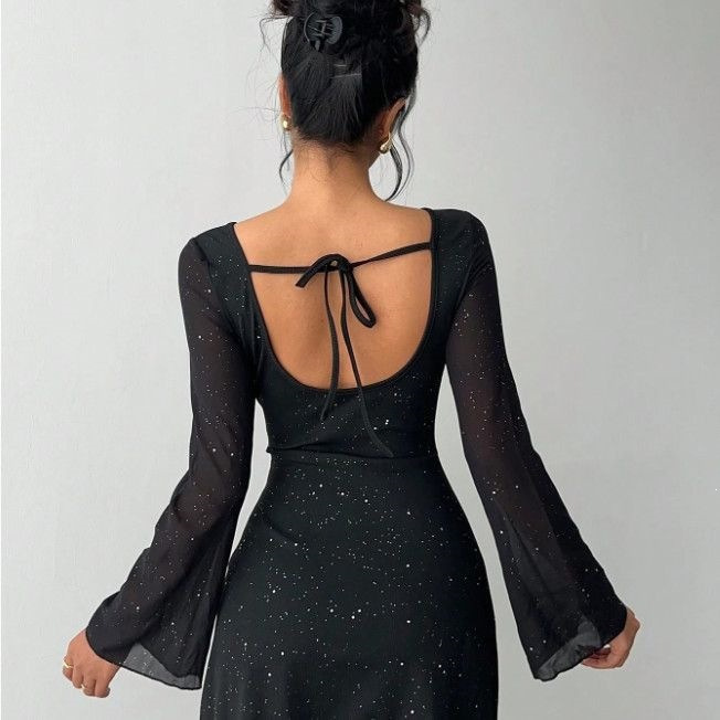 2026 Women's Sequin Party Long-Sleeve Shiny Bodycon Backless Tie-Up Dress Knit Mini Dress Trendy