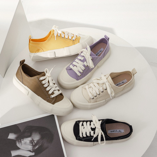 Niche canvas shoes women's shoes thick-soled low-top  spring new style single shoes lace-up sneakers college style white shoes