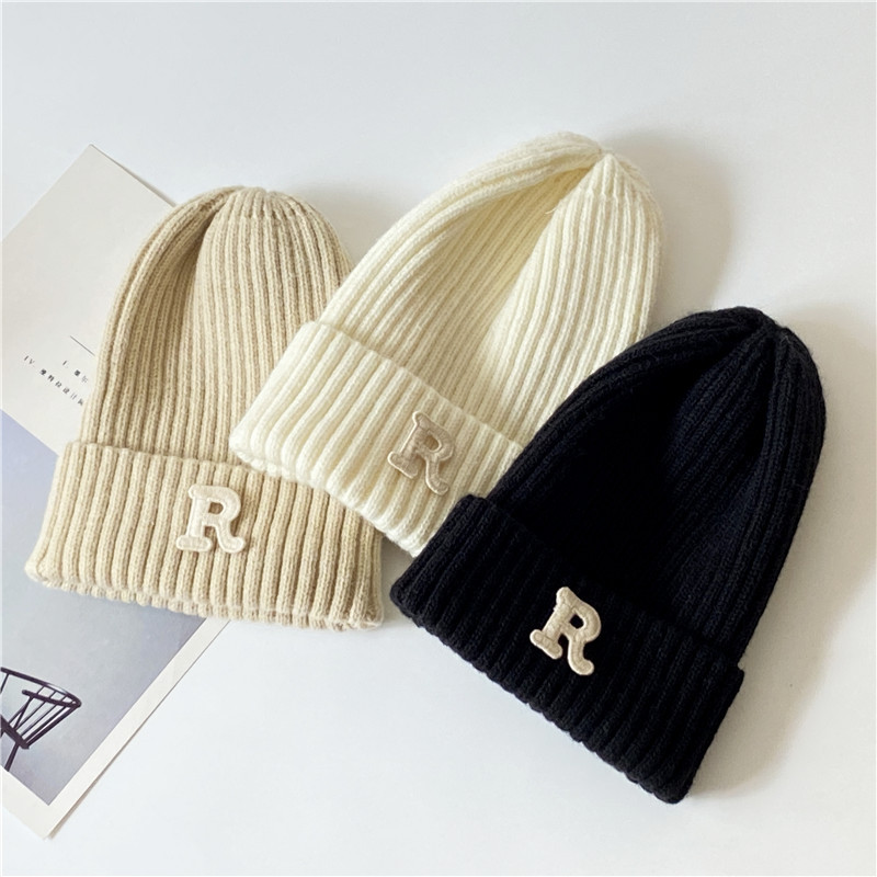 Autumn Winter Korean Letter R Label Woolen Men's Women's Simple and Versatile Knitted Ear Protection Warm Cover Cold Hat_voghion.com