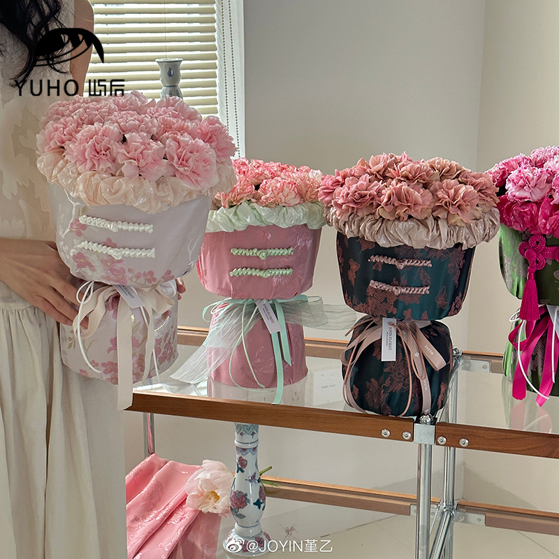 屿后 母亲节新中式旗袍风布艺系列鲜花花束包装真丝布料花店资材