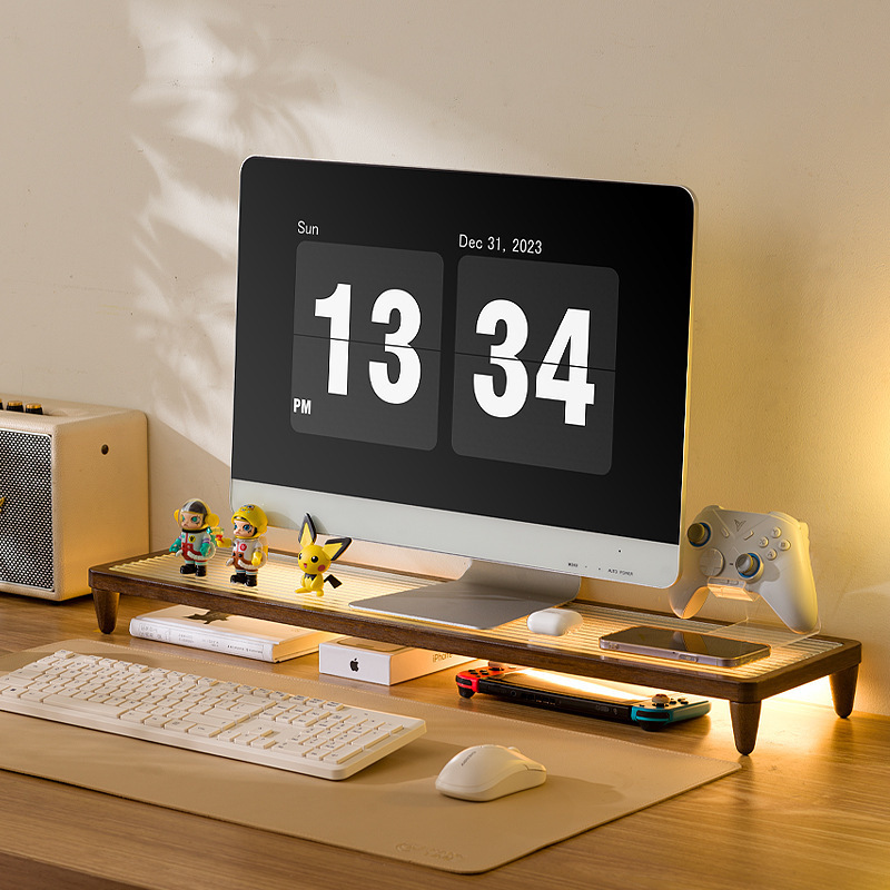 Monitor Riser Black Walnut Solid Wood Computer Desktop Elevated Storage Rack Double-Layer Shelf Desk Essentials