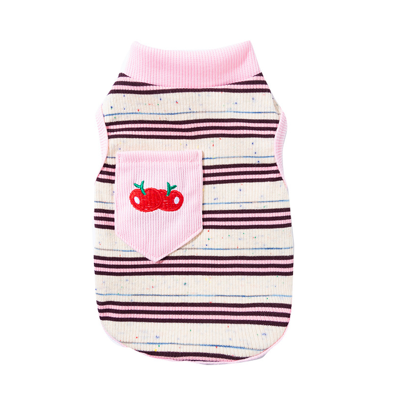 Gato primavera verano transpirable fino cereza bordado color puntito chaleco a rayas perro Teddy Bichon ropa de gato mascota