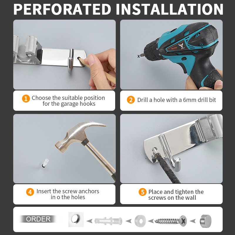 Amazon dedicado 304 fregona de acero inoxidable gancho fregona rack fregona clip escoba clip de almacenamiento sin perforar transfronterizo