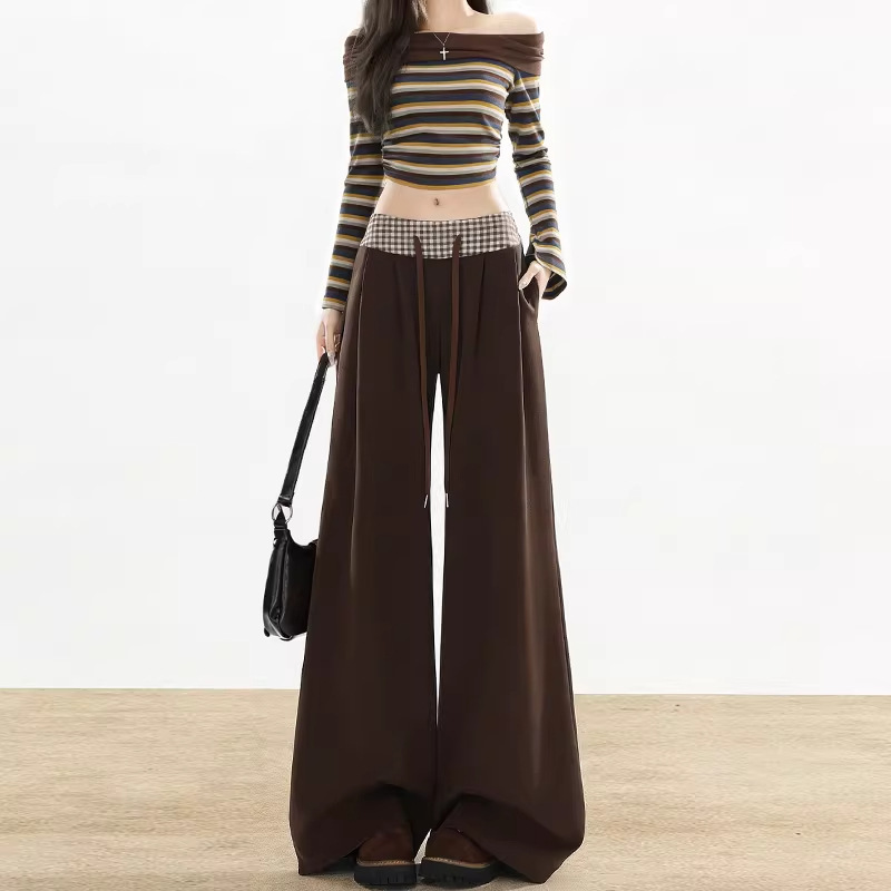 Vintage American-Style Brown Loose Casual Sweatpants for Women, Spring 2026 New Model, Melard Patchwork High-Waisted Wide-Leg Pants