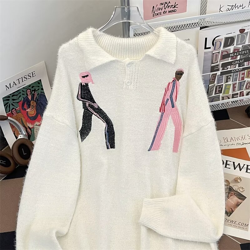 폴로 칼라 스웨터 남성 가을, 겨울 스웨터 아메리칸 스타일 INS 트렌드 느슨한 게으른 스타일 커플 디자인 탑