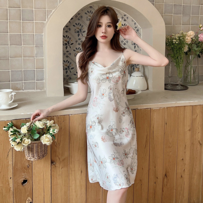 2024 verano pijama de cuello swing chica pura libido mariposa estampado eslingas de espalda descubierta sexy vestido de pijama atractivo ropa para el hogar