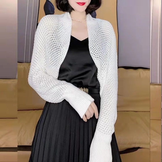 Cross-border Solid Color Grid Fashion Western Style Knitted Shawl Small Outer Wear Women's Elegant Long-sleeved Shawl Summer Outer Wear Women