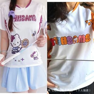 2025 New Quick-Drying Short-Sleeved Badminton Uniforms for Girls Kitty Cat Waist Slimming Look T-Shirt Training Clothes