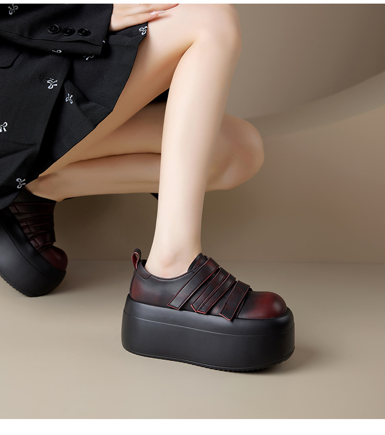 Giày loafer da thật đế xuồng cao 8cm, cổ miệng sâu, khóa Velcro tiện lợi — Màu đen, Màu đỏ chi tiết 16